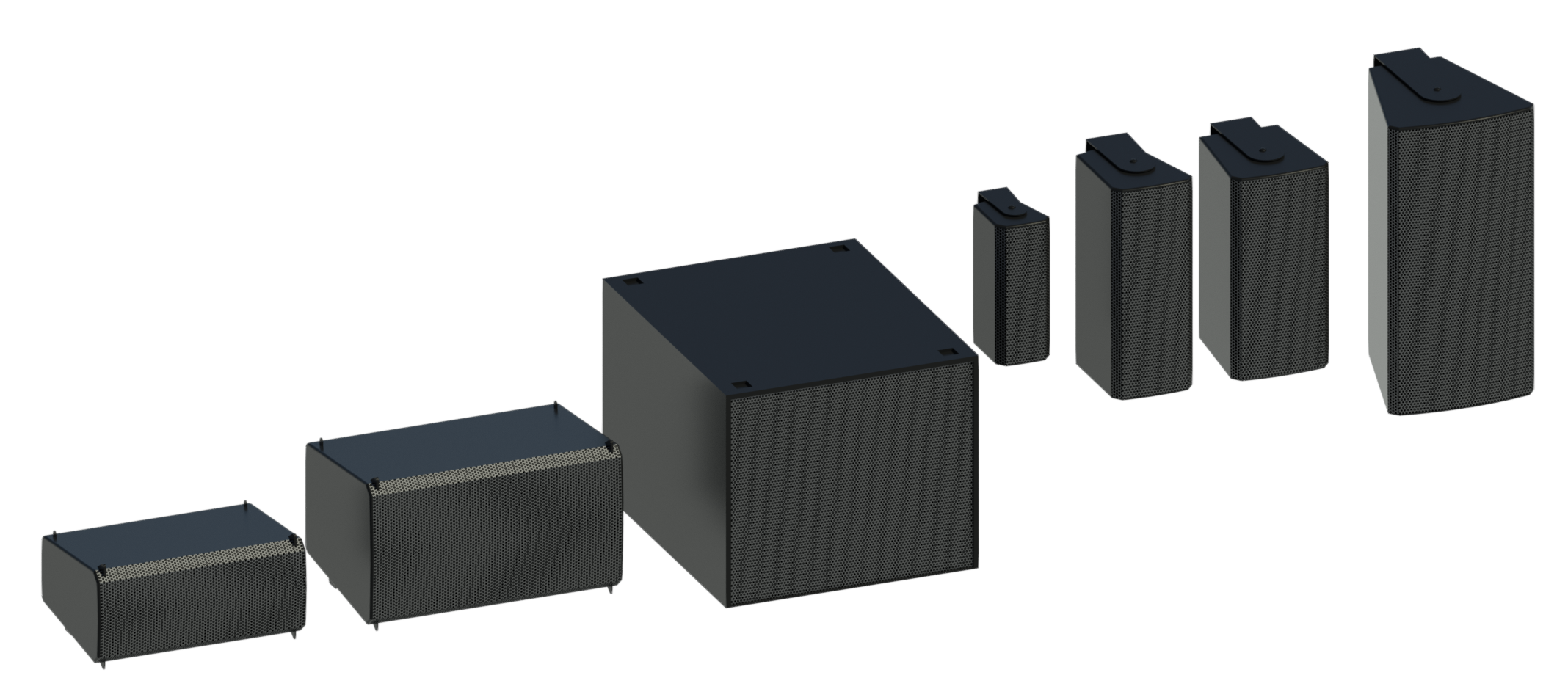 Revit render of PL Series two loudspeakers, a subwoofer and four-point source loudspeakers.